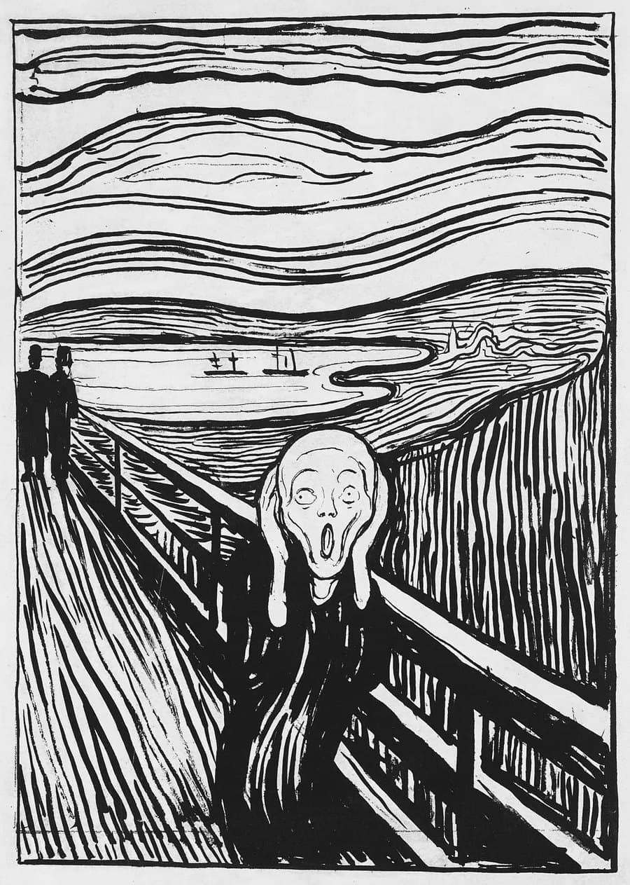 Edvard Munch, Geschrei: eine Figur auf einer Brücke hält sich schreiend die Hände an den Kopf
